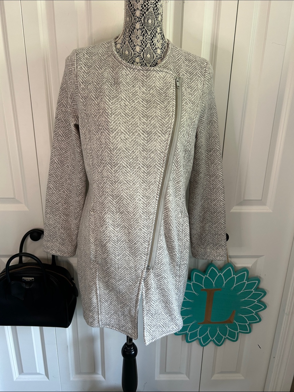 Banana Republic Gray Herringbone Asymmetrical Zip Sweater Jacket